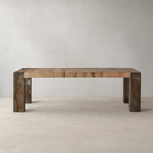 Telluride Mexican Oak Dining Table With Naturally Oxidized Steel Base