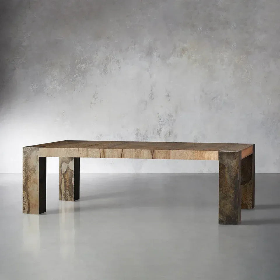 Telluride Mexican Oak Dining Table With Naturally Oxidized Steel Base