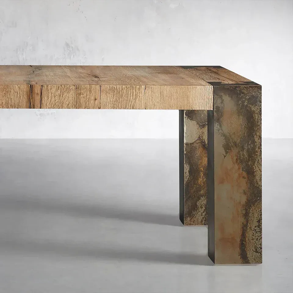 Telluride Mexican Oak Dining Table With Naturally Oxidized Steel Base