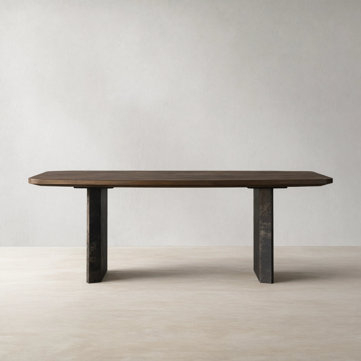 Polanco Wood Dining Table with Naturally Oxidized Steel panels Base