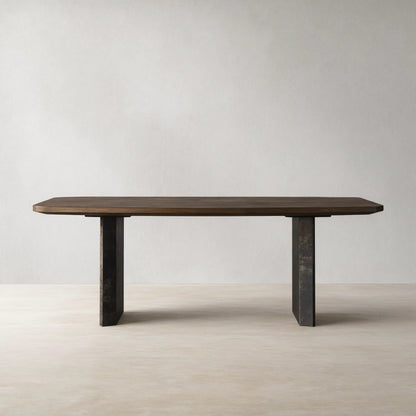 Polanco Wood Dining Table with Naturally Oxidized Steel panels Base