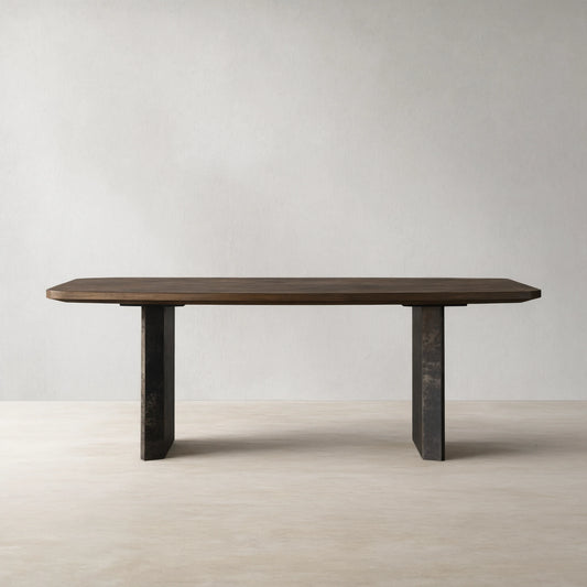 Polanco Wood Dining Table with Naturally Oxidized Steel panels Base
