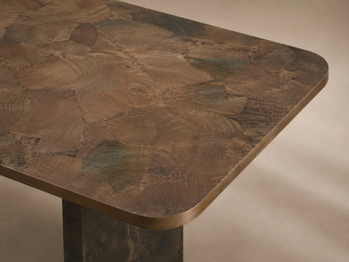 Polanco Wood Dining Table with Naturally Oxidized Steel panels Base