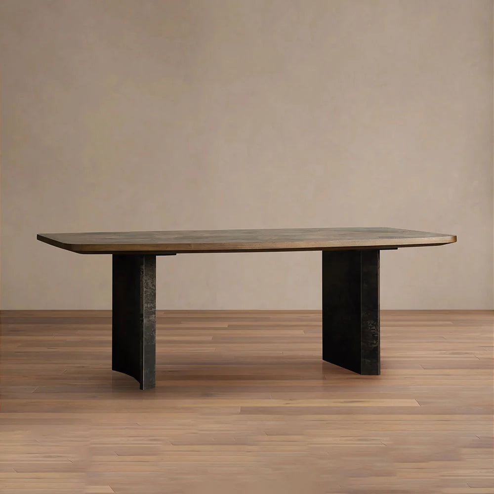 Polanco Wood Dining Table with Naturally Oxidized Steel panels Base