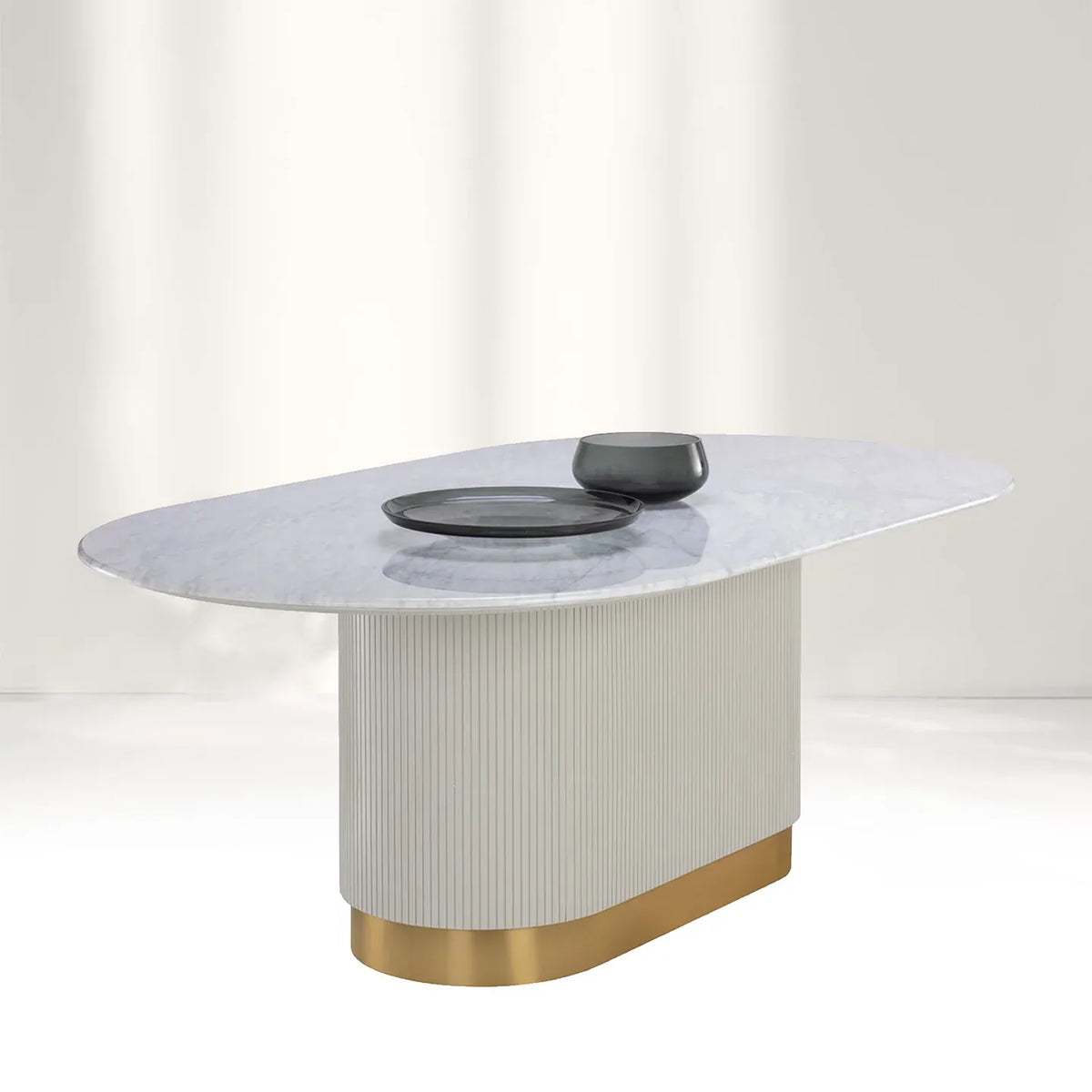 Panoso Carrara Marble Top Dining Table with Wood Reeded Base