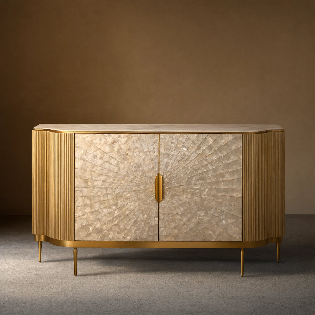 Perla Slate Top Sideboard Luxury Gold Buffet Cabinet With Mother-of-Pearl Door Panel