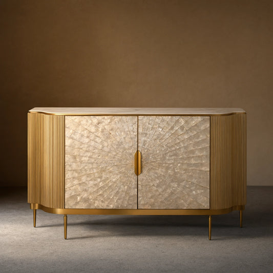 Perla Slate Top Sideboard Luxury Gold Buffet Cabinet With Mother-of-Pearl Door Panel