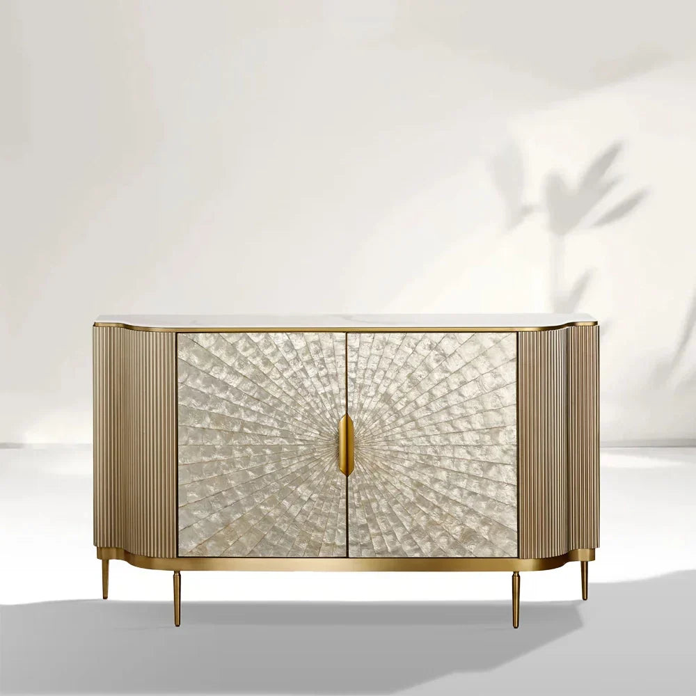 Perla Slate Top Sideboard Luxury Gold Buffet Cabinet With Mother-of-Pearl Door Panel
