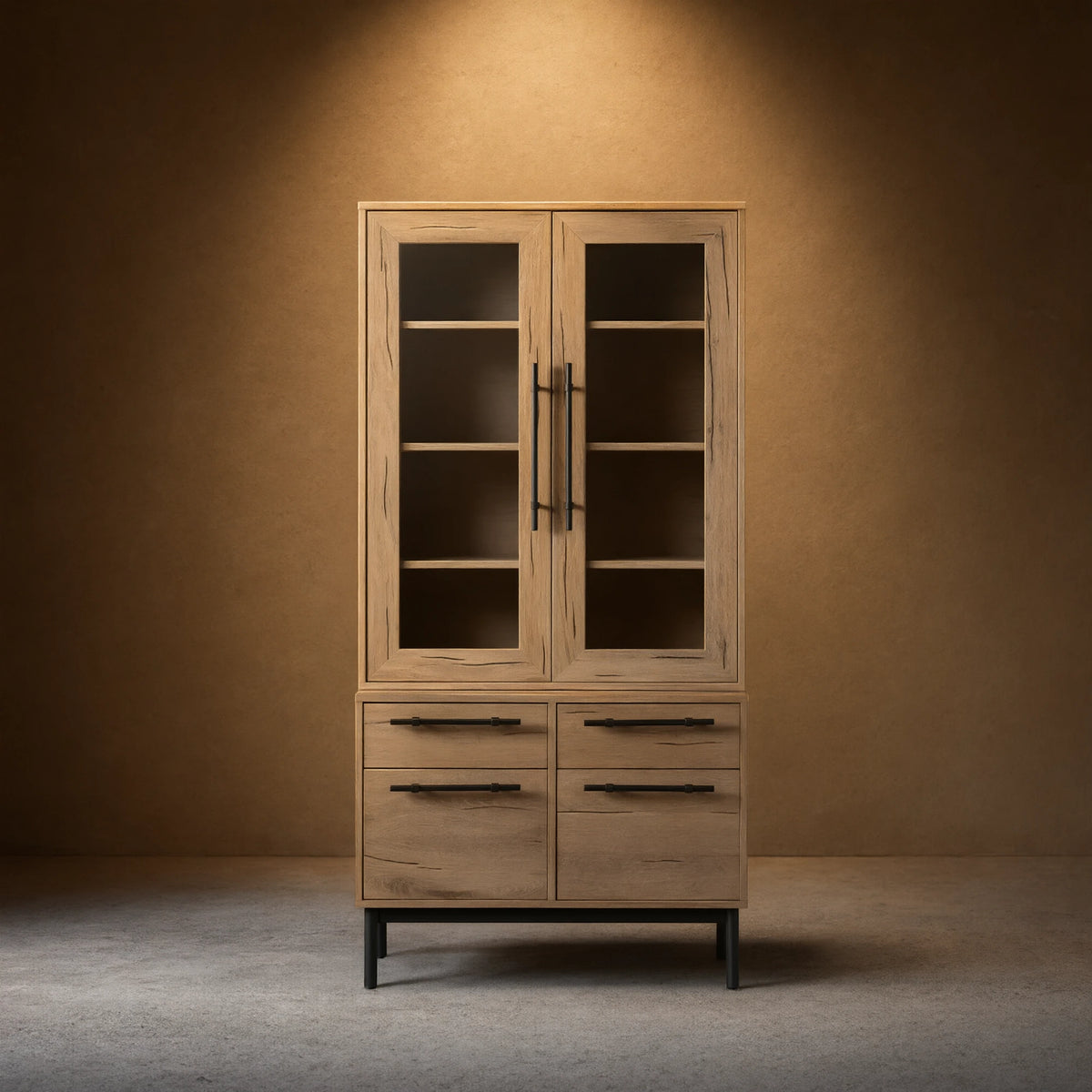 Sullivan Glass-Door Bookcase Wood Display Cabinets with File Drawer Base