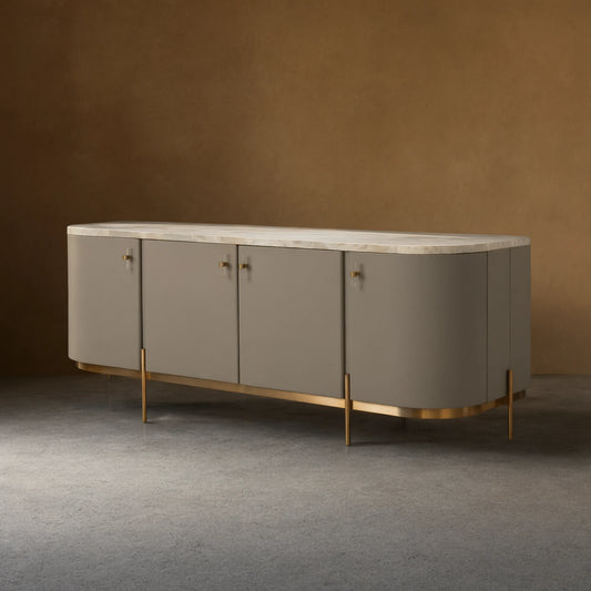 Canodi Luxury Marble Top Sideboard Wood Storage Cabinets With Leather Finish