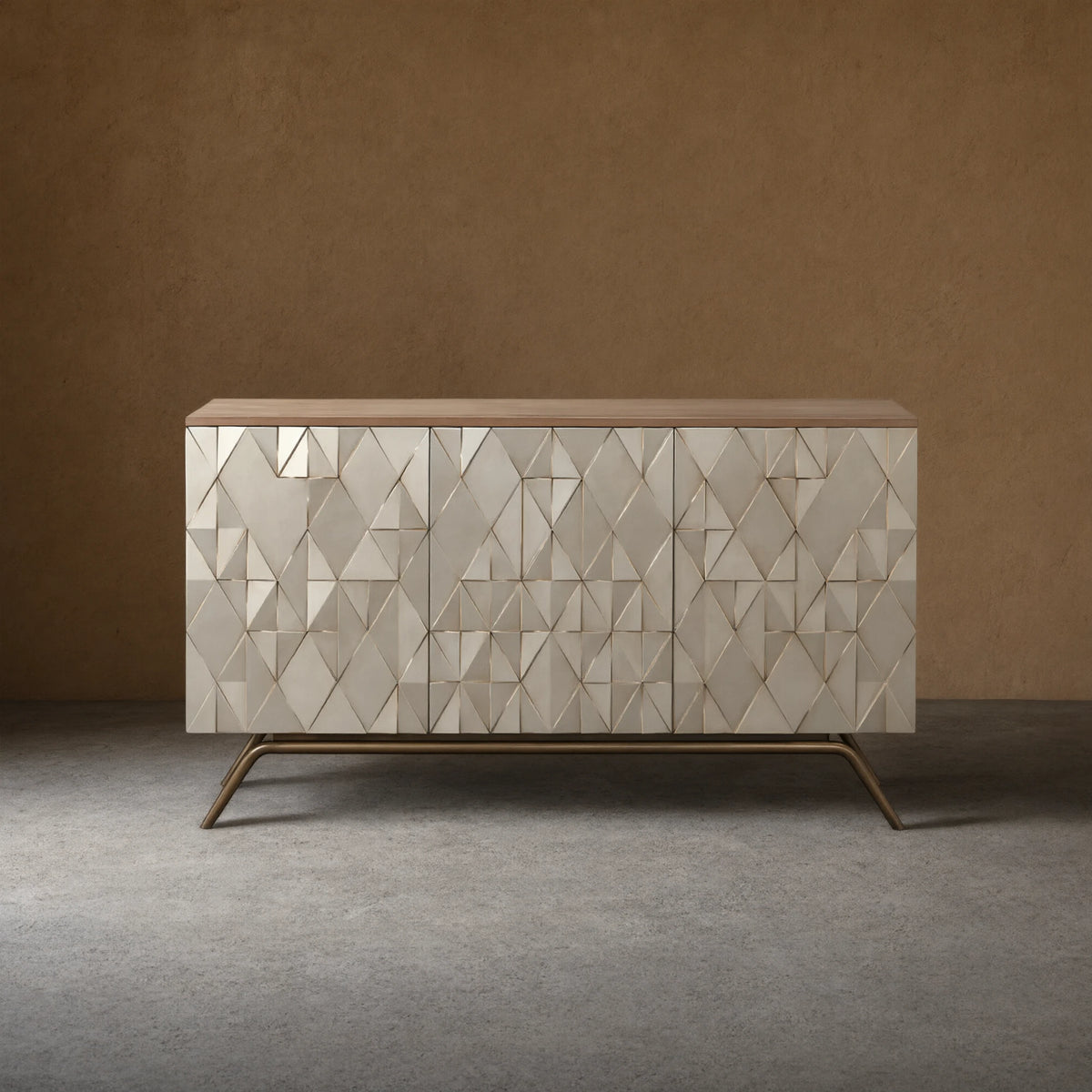 Origami Luxury 3-Door Sideboard Geometric Champagne Finish Buffet Cabinet
