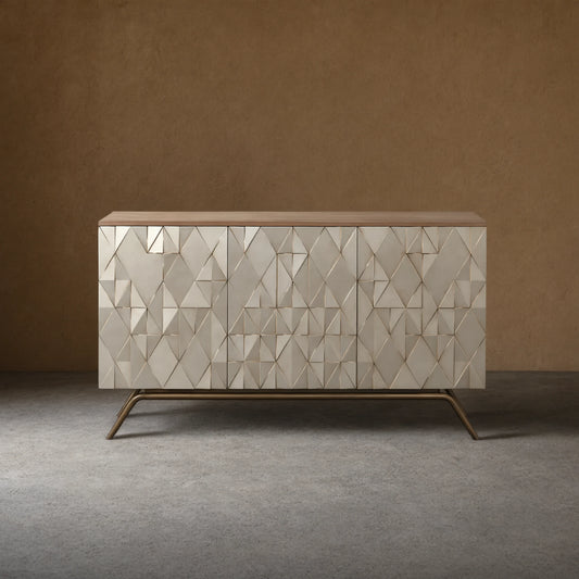 Origami Luxury 3-Door Sideboard Geometric Champagne Finish Buffet Cabinet