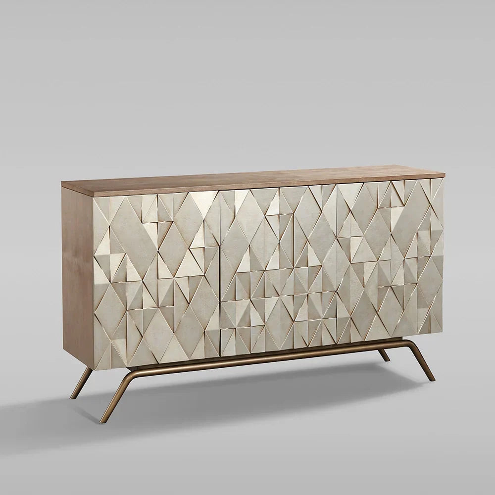 Origami Luxury 3-Door Sideboard Geometric Champagne Finish Buffet Cabinet