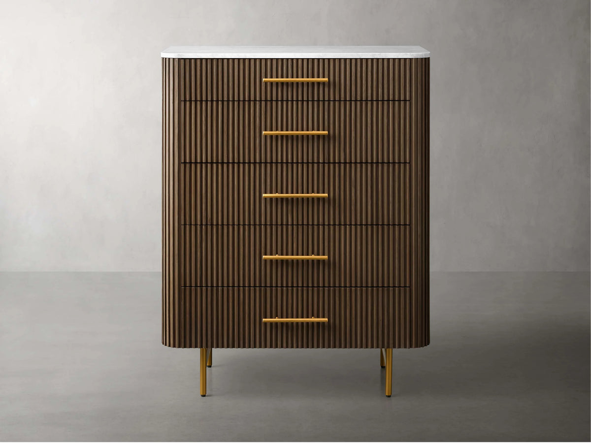Finnley Wood Five-Drawer Dresser with Marble Top Drawer Chest Cabinet