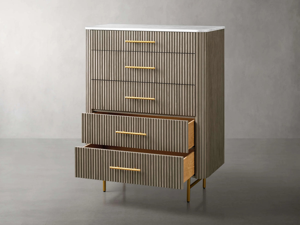 Finnley Wood Five-Drawer Dresser with Marble Top Drawer Chest Cabinet