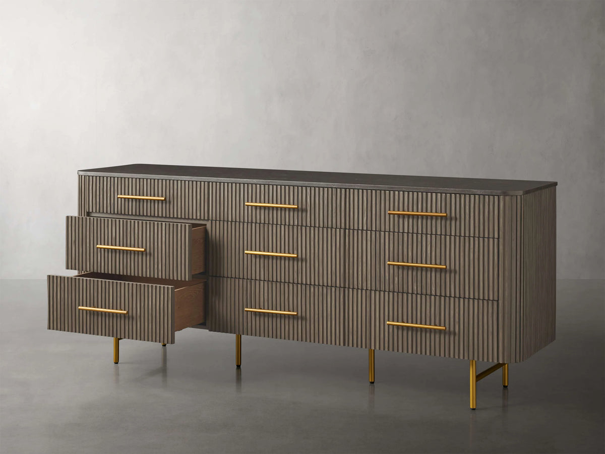 Finnley Wood Nine-Drawer Dresser with Natural Stone Drawer Chest Cabinet