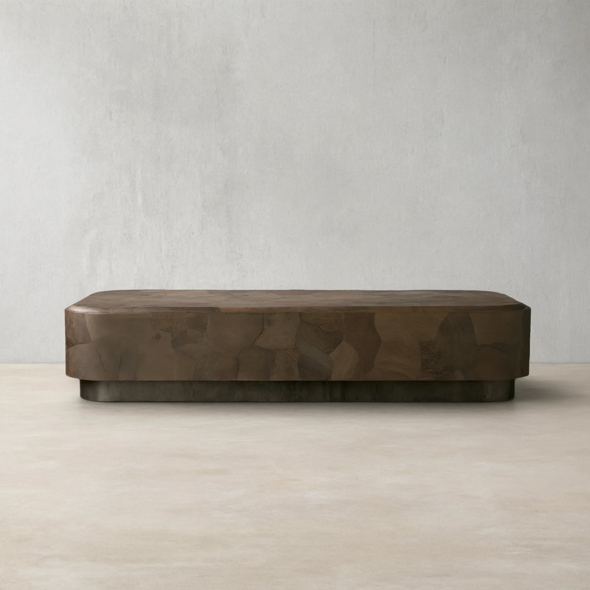 Polanco Ash Burl Plinth Coffee Table with Oxidized Steel Base