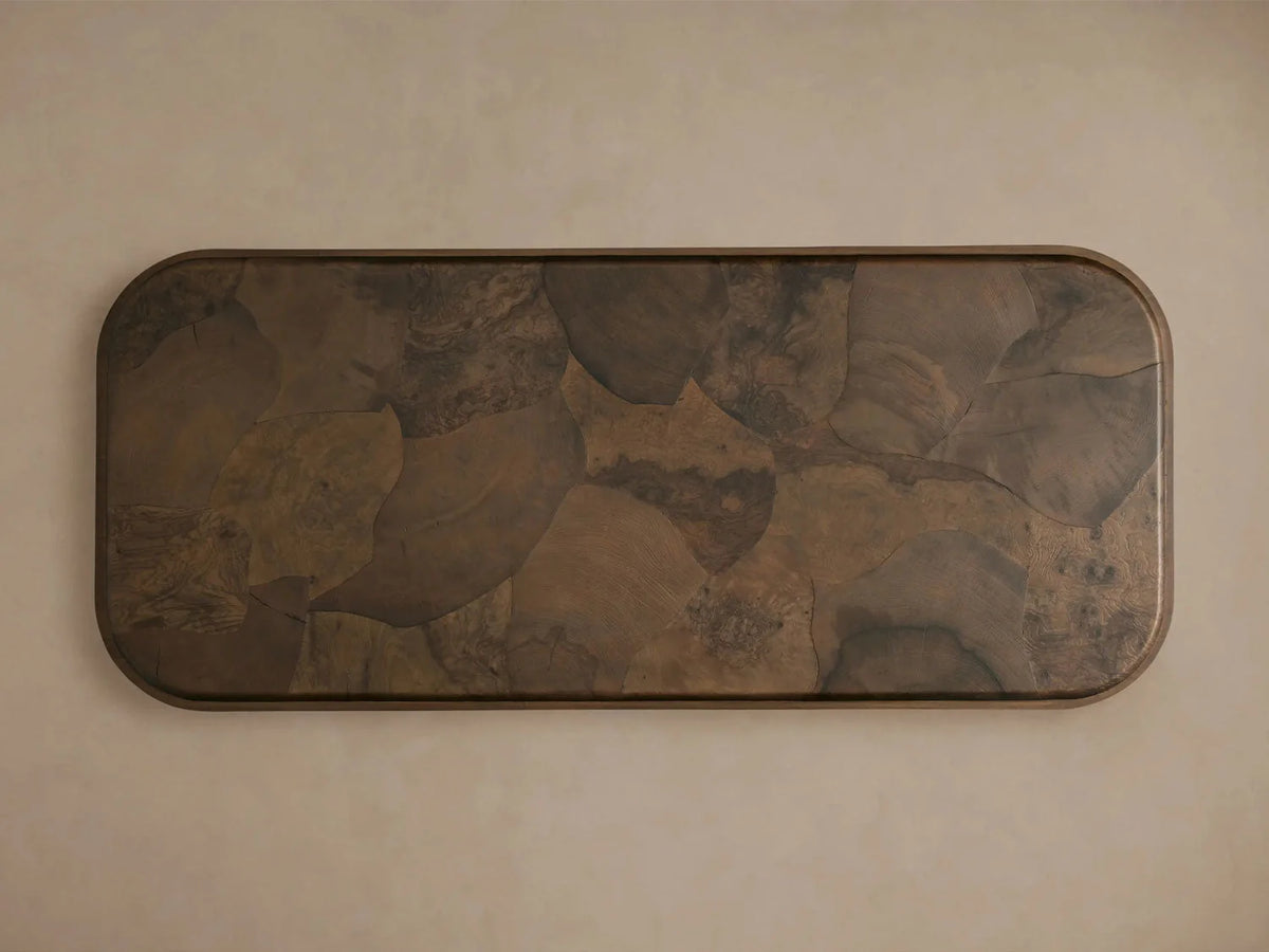 Polanco Ash Burl Plinth Coffee Table with Oxidized Steel Base
