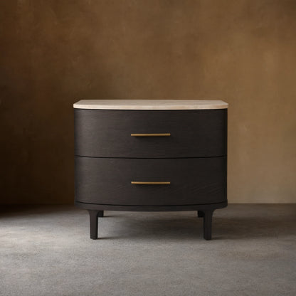 Danny Closed Nightstand Marble Top Bedside Table Brass Pulls Two-Drawer Chest