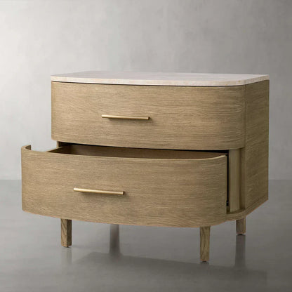 Danny Closed Nightstand Marble Top Bedside Table Brass Pulls Two-Drawer Chest