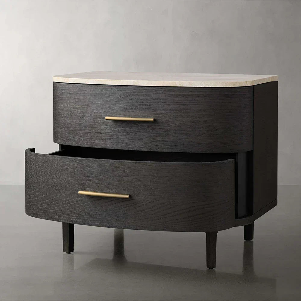 Danny Closed Nightstand Marble Top Bedside Table Brass Pulls Two-Drawer Chest