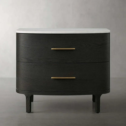 Danny Closed Nightstand Marble Top Bedside Table Brass Pulls Two-Drawer Chest