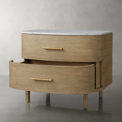 Danny Closed Nightstand Marble Top Bedside Table Brass Pulls Two-Drawer Chest