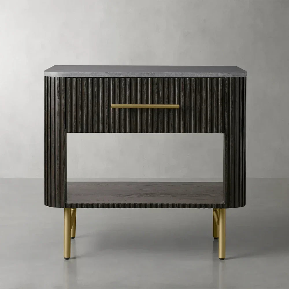 Finnley Open Nightstand Natural Stone Top Bedside Table Wood Bedroom Cabinet