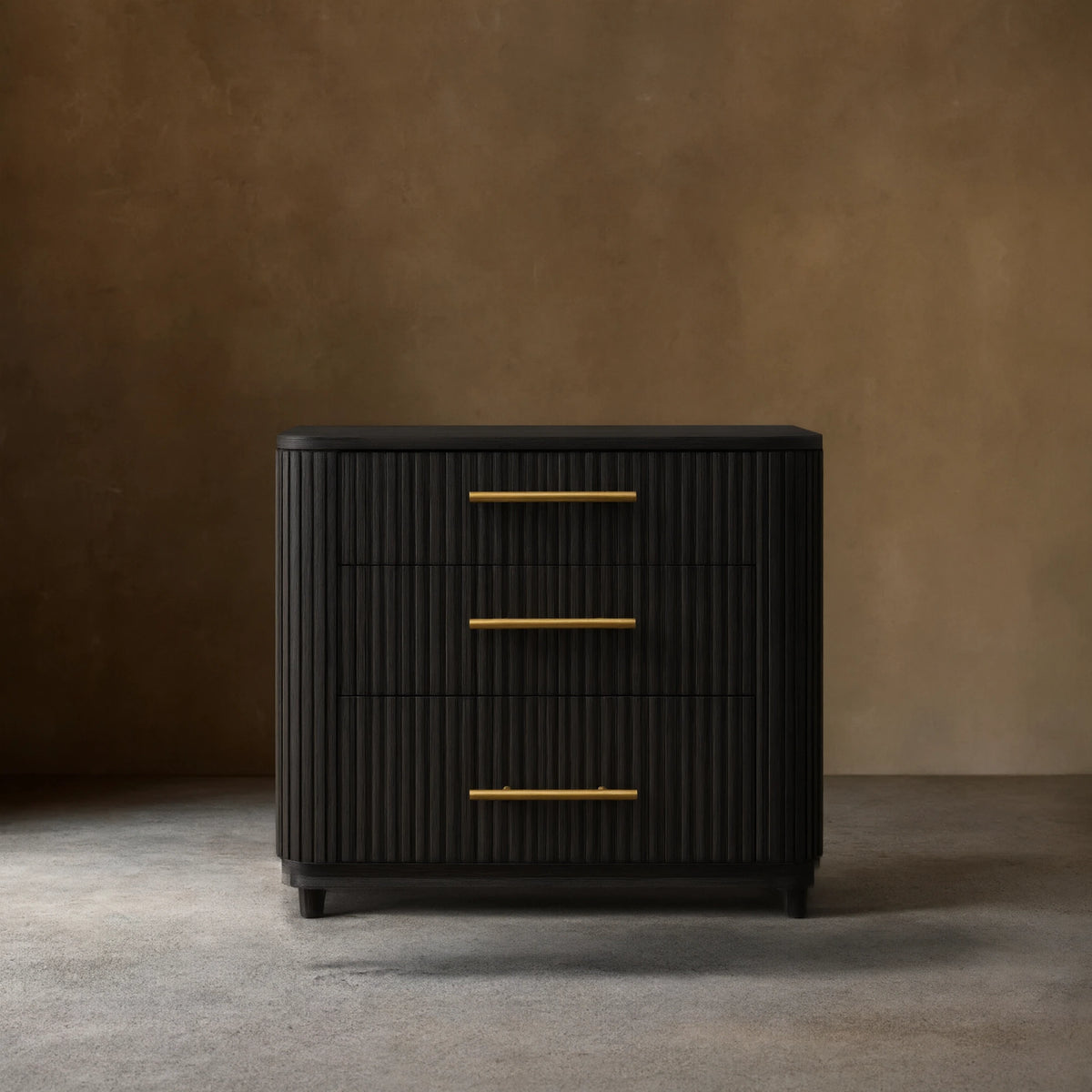 Finnley Wood Nightstand Three Drawers Chest Reeded Nightside Table