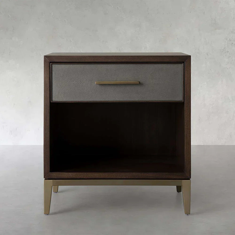Malone Solid Wood Open Nightstand Shagreen Leather Bedside table With Drawers