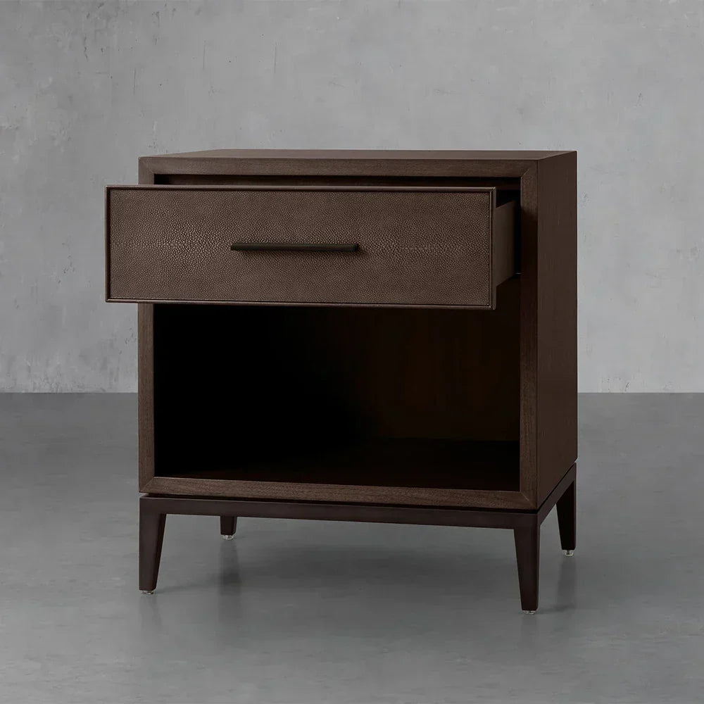 Malone Solid Wood Open Nightstand Shagreen Leather Bedside table With Drawers
