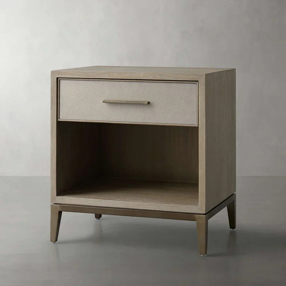 Malone Solid Wood Open Nightstand Shagreen Leather Bedside table With Drawers