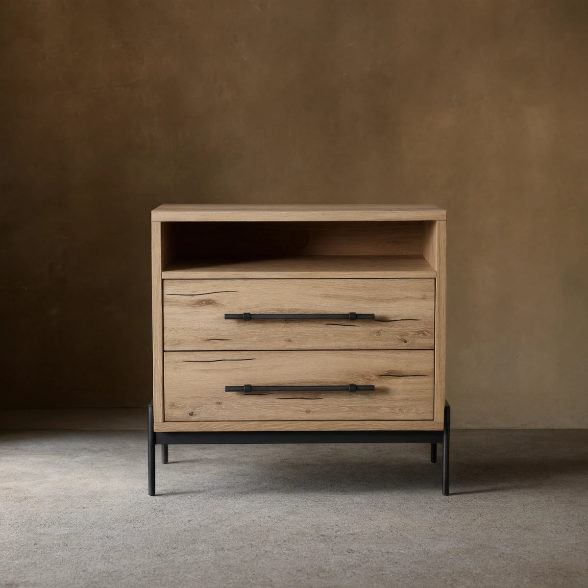 Sullivan Closed Solid Oak Wood Nightstand Rustic Night side table with Two Drawers