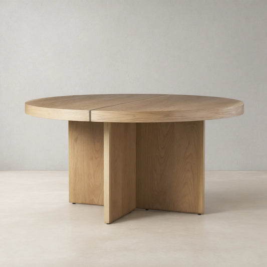 Mihaela Wood Oak Round Dining Table Wine Barrel Inspired Finish