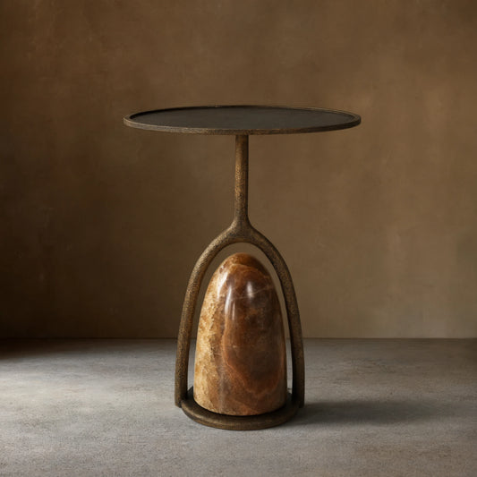 Sculptural Brass & Stone Accent Table