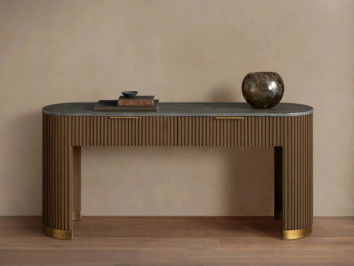 Finnley Stone Top Storage Console Solid Wood Hallway Entryway Table Entrance Cabinet With Drawers