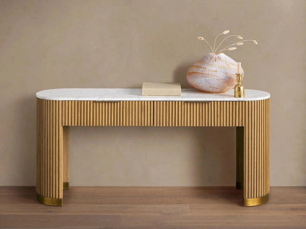 Finnley Stone Top Storage Console Solid Wood Hallway Entryway Table Entrance Cabinet With Drawers