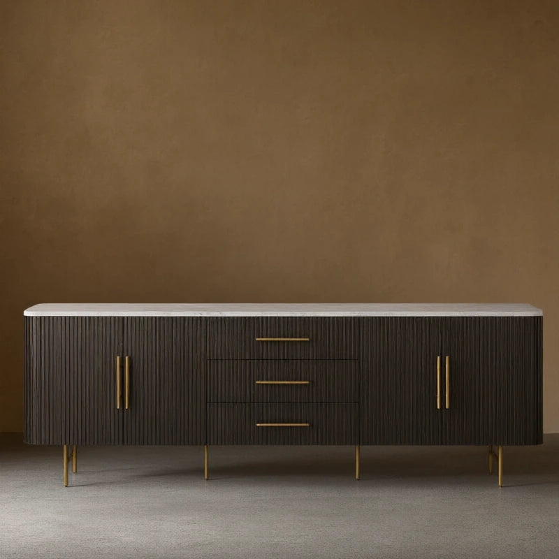 Finnley Marble Top Sideboard Wood Bluestone Top Buffet Cabinet with Drawers