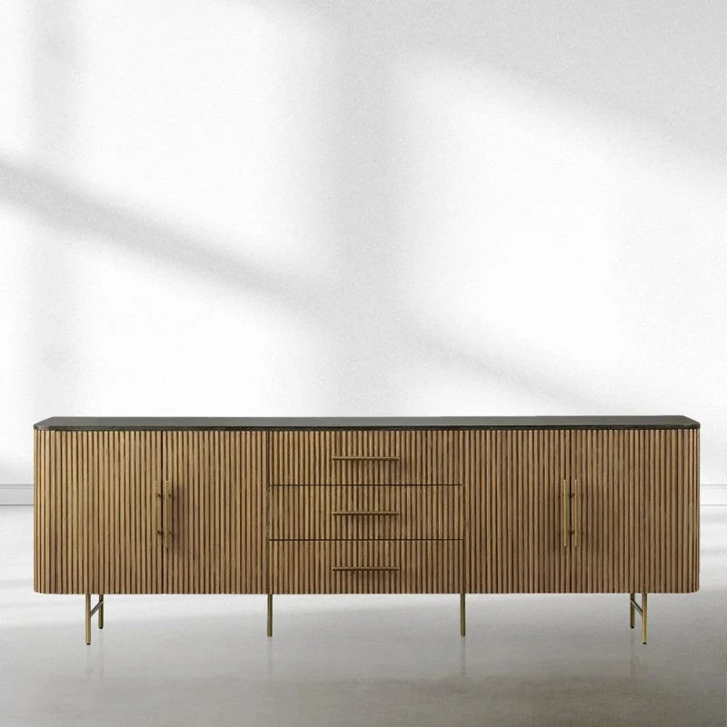 Finnley Marble Top Sideboard Wood Bluestone Top Buffet Cabinet with Drawers