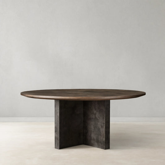 Polanco Wood Round Dining Table With Oxidized Steel Base