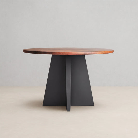Recycled Metal Round Dining Table Hand-Hammered Top & Black Vertex Iron Base