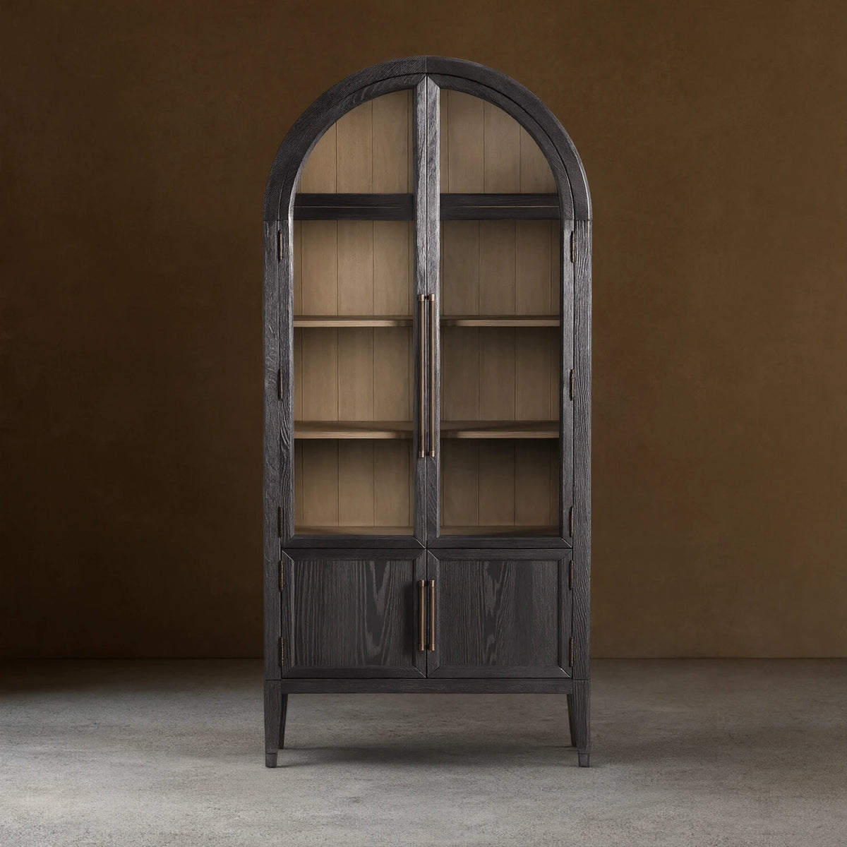 Hattie Glass Tall Display Cabinet Oak Wood Living Room Storage Cabinet
