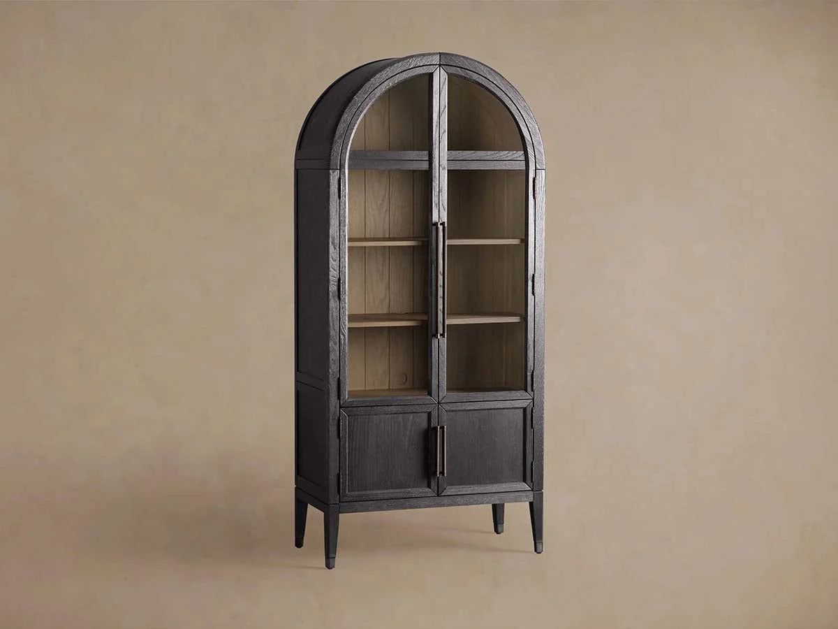 Hattie Glass Tall Display Cabinet Oak Wood Living Room Storage Cabinet