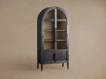 Hattie Glass Tall Display Cabinet Oak Wood Living Room Storage Cabinet