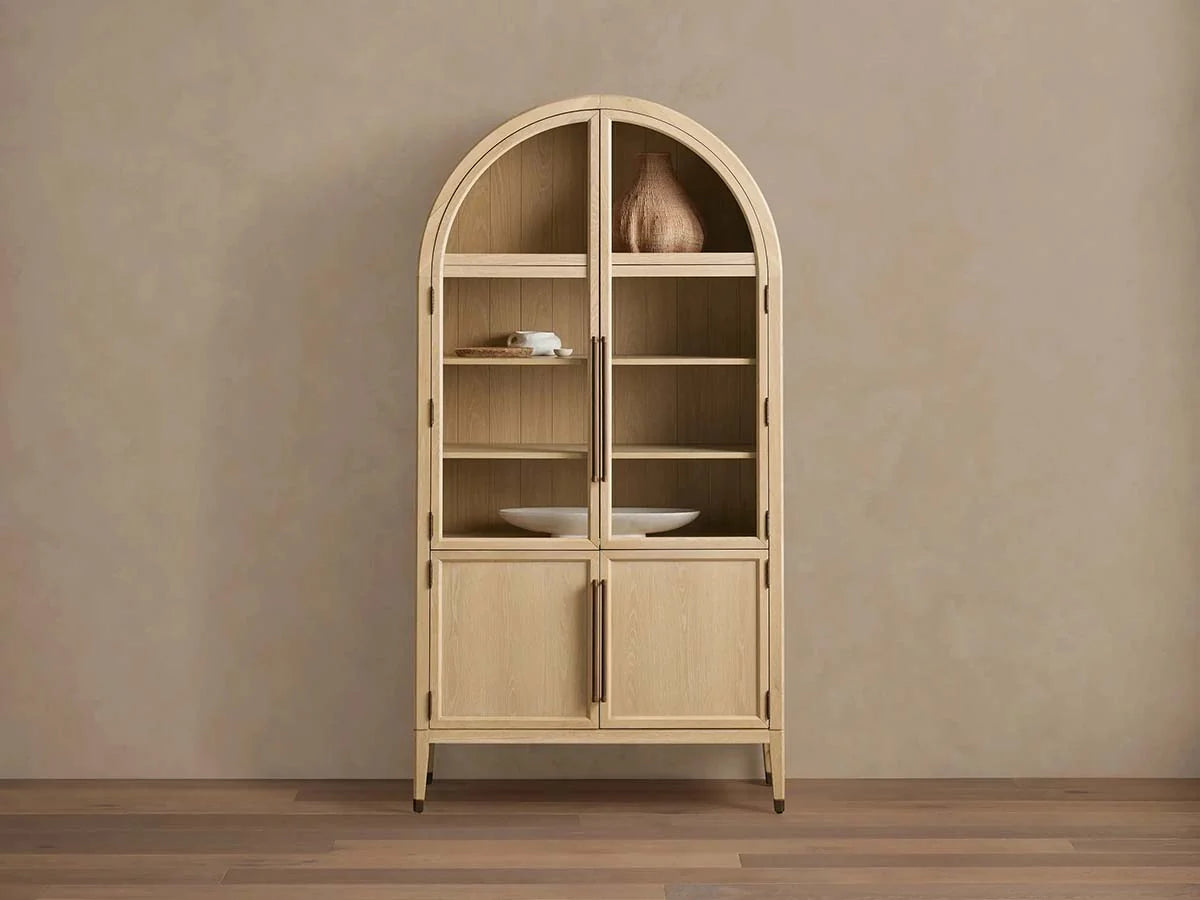 Hattie Glass Tall Display Cabinet Oak Wood Living Room Storage Cabinet