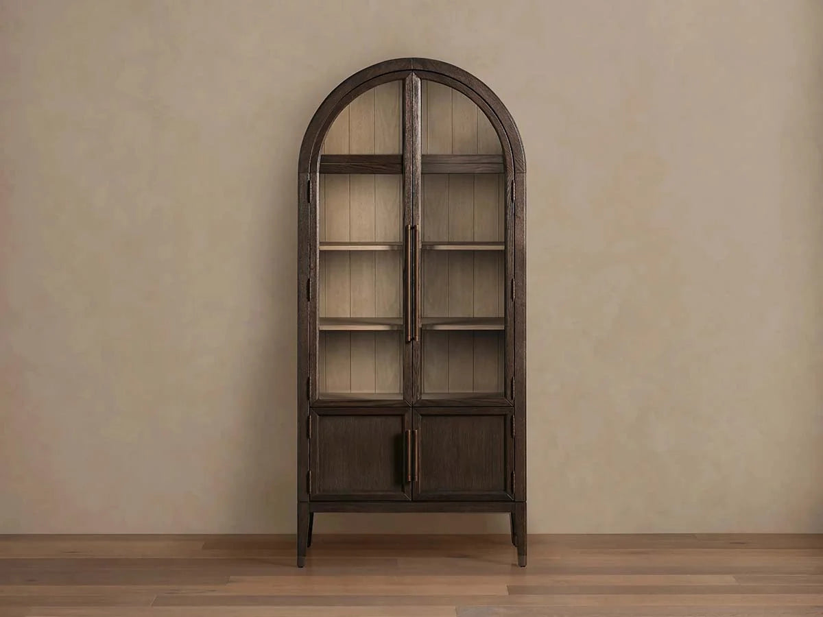 Hattie Glass Tall Display Cabinet Oak Wood Living Room Storage Cabinet