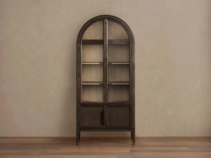Hattie Glass Tall Display Cabinet Oak Wood Living Room Storage Cabinet