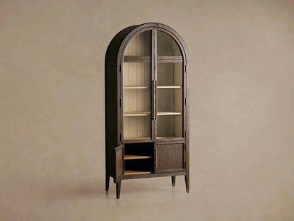 Hattie Glass Tall Display Cabinet Oak Wood Living Room Storage Cabinet