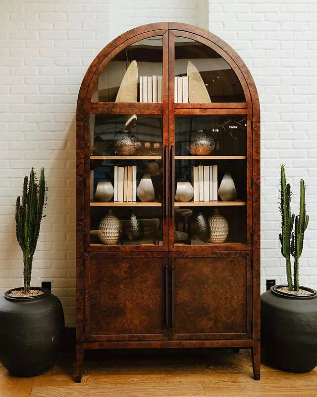 Hattie Burl Glass Cabinet Tall display Case Wood Storage Cabinets