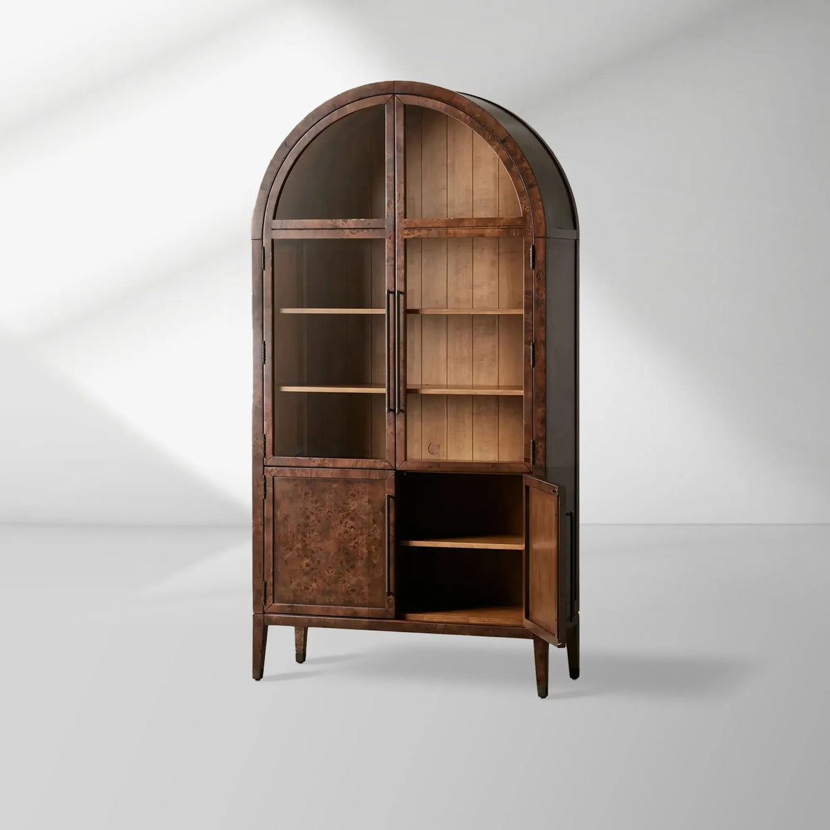Hattie Burl Glass Cabinet Tall display Case Wood Storage Cabinets